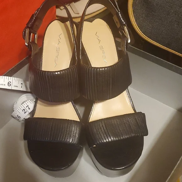 Via Spiga Black Wedge Sandals Strap Leather - Picture 6 of 11